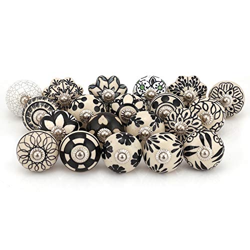 Image of ROCOCO Ceramic Finish Vintage Blue Pottery Door Handle Knobs for Drawers (Black and White, 1.7 x 2.5 Inches) - Pack of 10