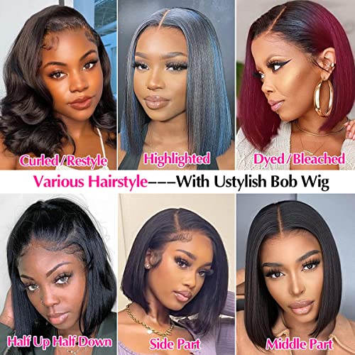 Ustylish Bob Wig Human Hair 13X4 Hd Lace Front Wigs Human Hair 180% Density Bob Wigs Human Hair For Black Women Bob Wig Lace Frontal Wigs Human Hair Pre Plucked With Baby Hair Natural Color 12 Inch #TOP2