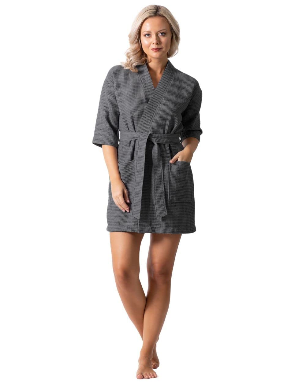 Turkish Linen Lightweight Waffle Knit Bath, Spa & Bridesmaids Kimono Short Robes for Women - Quick Dry & Soft