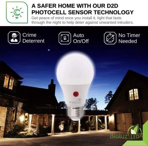 Bioluz LED 3 Pack Dusk to Dawn A19 Bulb Auto On/Off 60W Replacement 9W Photocell Photosensor Instant ON and 3 Min Delay Off 3000K Soft White Indoor/Outdoor Lighting Lamp Garage Hallway Yard Porch UL