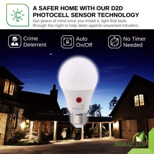 Bioluz LED Dusk to Dawn Light Bulb, 9W (60W Equivalent) A19 LED Light Bulb with Photocell Sensor, Auto On/Off, 3000K Soft White Indoor/Outdoor Light Bulbs for Porch, Yard, Hallway – UL Listed 6-Pack by Bioluz LED - Image 4