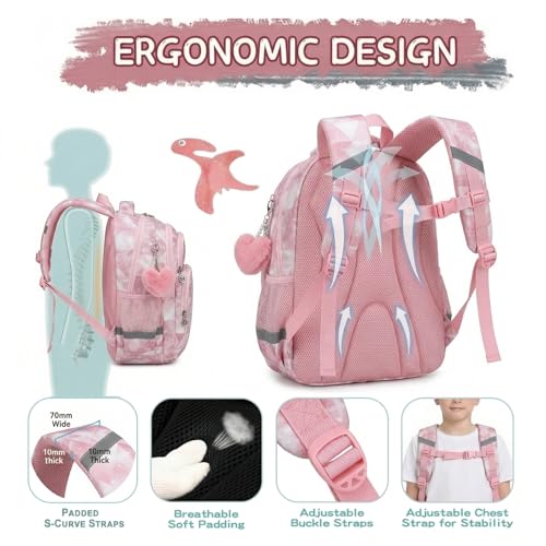 Image of Cusangel Pink Girl School Backpack for Kids 6-12 ages, 16in Cute Bookbag Water Resistant, 7 Pockets, Adjustable Chest Strap, Reflective Strip, Large Bookbag For travel,Gifts,Summer Camps