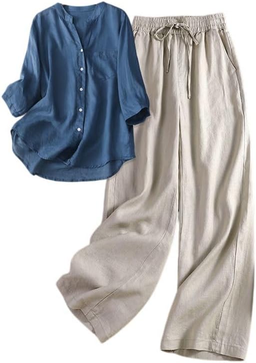Women Vintage Embroidered Linen Two Piece Set Blouse Pants Summer Outfit