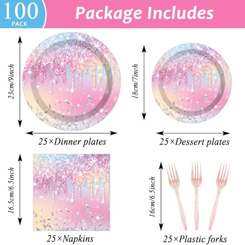 Image of 100PCS Iridescent Diamond Birthday Party Plates Napkins Forks Supplies Set Holographic Tableware Party Supplies Gem Stone Dinnerware Decorations Favors for Girls Kids Birthday Serves 25