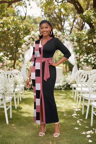 Image of Nmoder Long Maxi Dress for Women, Pencil Church Bodycon Dress Front Split | 3 /4 sleeve v neck, curvy tea party work semi formal cocktail funeral date bridesmaid dress, colorblock, m-3xl