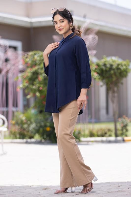 Image of Mlada Hemline Solid Shirts for Women | 3 /4 Sleeves Classic Rayon Shirt for Office Wear | Collared Neck Shirt for Girls | Regular Fit Shirts | Smart Formal Button Down Shirt for Women