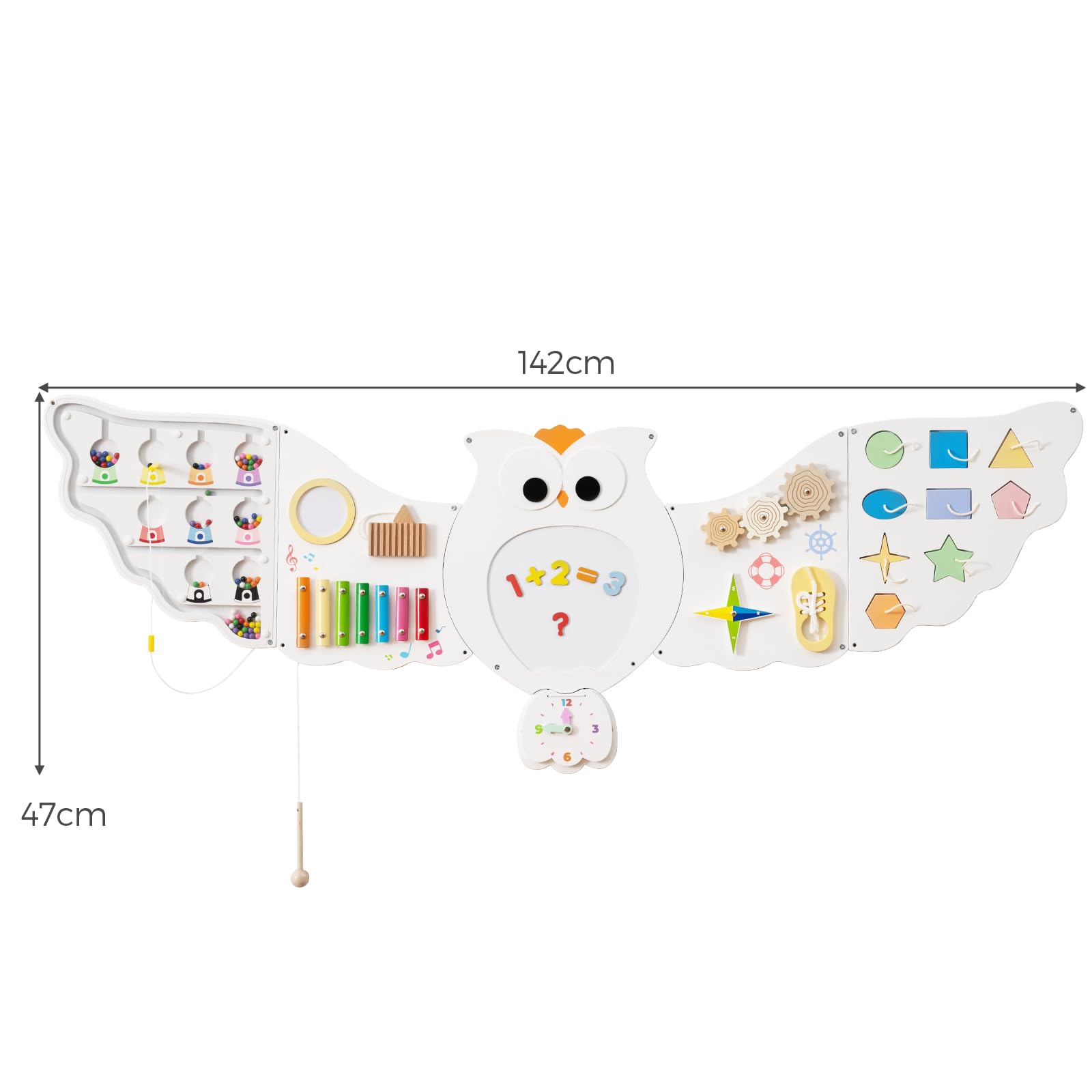 DREAMADE Busy Board Montessori, Planche d'Activités en Bois pour Enfants de 3+ Ans, Tableau Sensoriel avec 5 Tableaux, Jeux Educatif pour Salle de Jeux, Maternelle (Blanc Hibou)