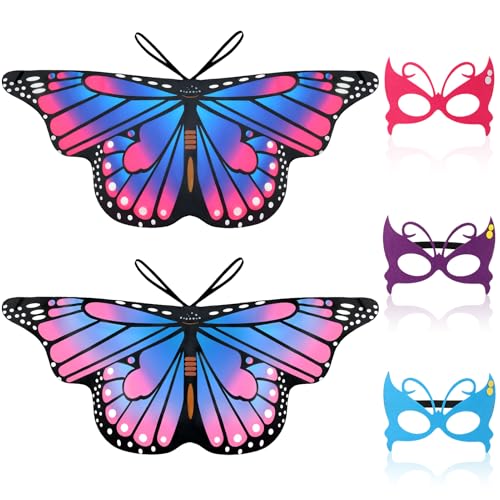 ruggito 2 Stück Schmetterlingsflügel Kinder und 3 Stück Schmetterlings Gesichtsbedeckungen Set, Schmetterlingsflgel Flgel Kostm, Schmetterling Pixie Cape Mädchen, Festival Kostüm Partei Kinder, Rosa
