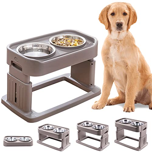 Suhaco Erhöhte Hundenäpfe Verstellbar Erhöhter Hundenapf mit 2 Edelstahl Hundenapf Rutschfest 4 Höhen 7,6 cm, 21,1 cm, 24,9 cm, 29,0 cm Große Doppelnäpfe für Hunde und Haustiere (Hellbraun) Cover