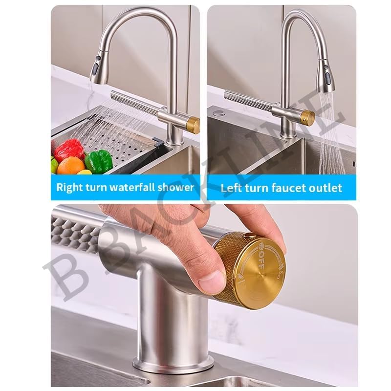 Image of Backline Brass Waterfall Kitchen Sink Hot & Cold Mixer Faucet 360 Rotatable Pull Out Kitchen Faucet Multi-Function Dual Spray Head Technology /Kitchen Sink Tap (Brushed Nickel)
