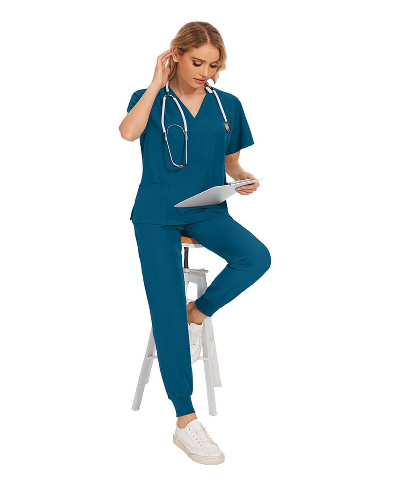 Uniforme Sanitario Mujer Uniformes quirúrgicos for Mujer, Conjuntos de enfermería, Top + pantalón, Uniformes médicos, Trajes salón Belleza clínico y Hospital(Blue,S)