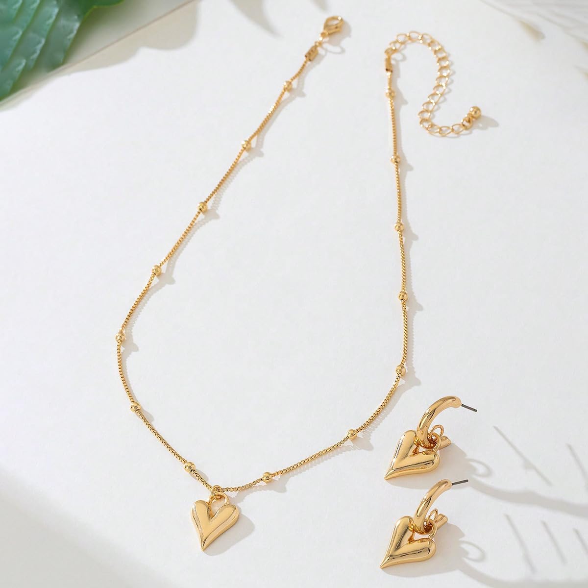 18K Gold-plated Dainty Gold Heart Jewelry Set, Beaded Chain Necklace with Pendant and Drop Earrings - Image 3
