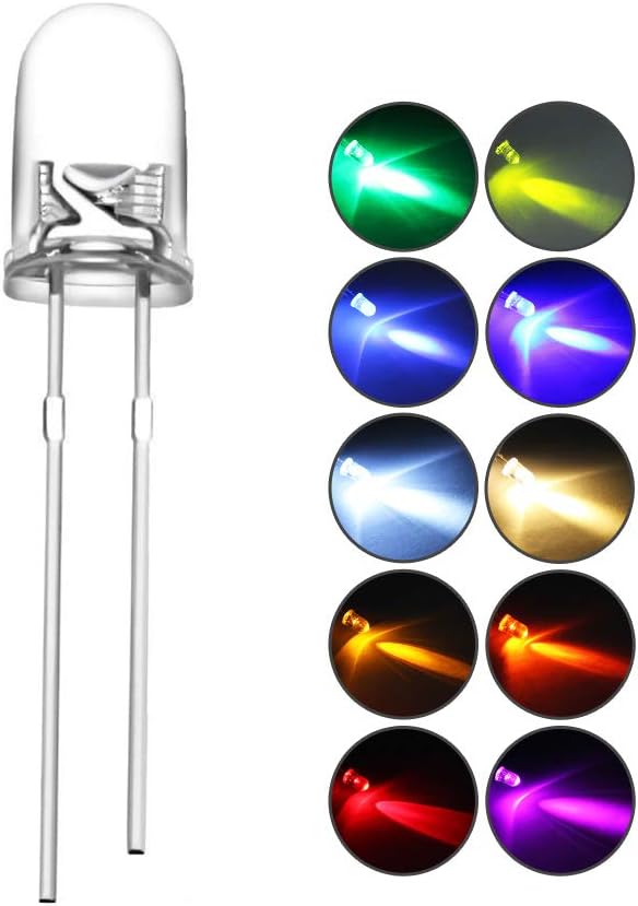 DiCUNO 100pcs (10 Colors x 10pcs) 5mm Bi-pin Light Emitting Diode Round Clear LED Assorted Kit 10 Light Colors White/Red/Yellow/Green/Blue/Pink/Orange/Warm White/UV/Chartreuse