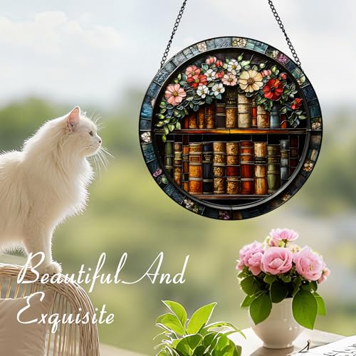 Zizzie Stained Glass Bookshelf Suncatcher - 7.9" Real Glass Vintage Book Floral Window Hanging, Weatherproof Dark Academia Decor, Literary Gift for Book Lovers Teachers Librarians Readers by Zizzie - Image 6