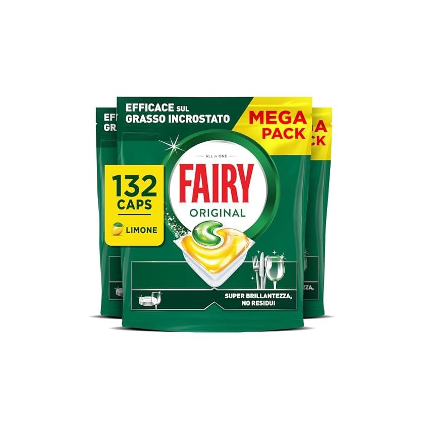 Fairy Detersivo Pastiglie Lavastoviglie Brillantante, 132 Capsule Lavastoviglie, Original Limone, Azione Pulente Al Primo Lavaggio, Efficace Sul Grasso Incrostato Con Azione Brillante