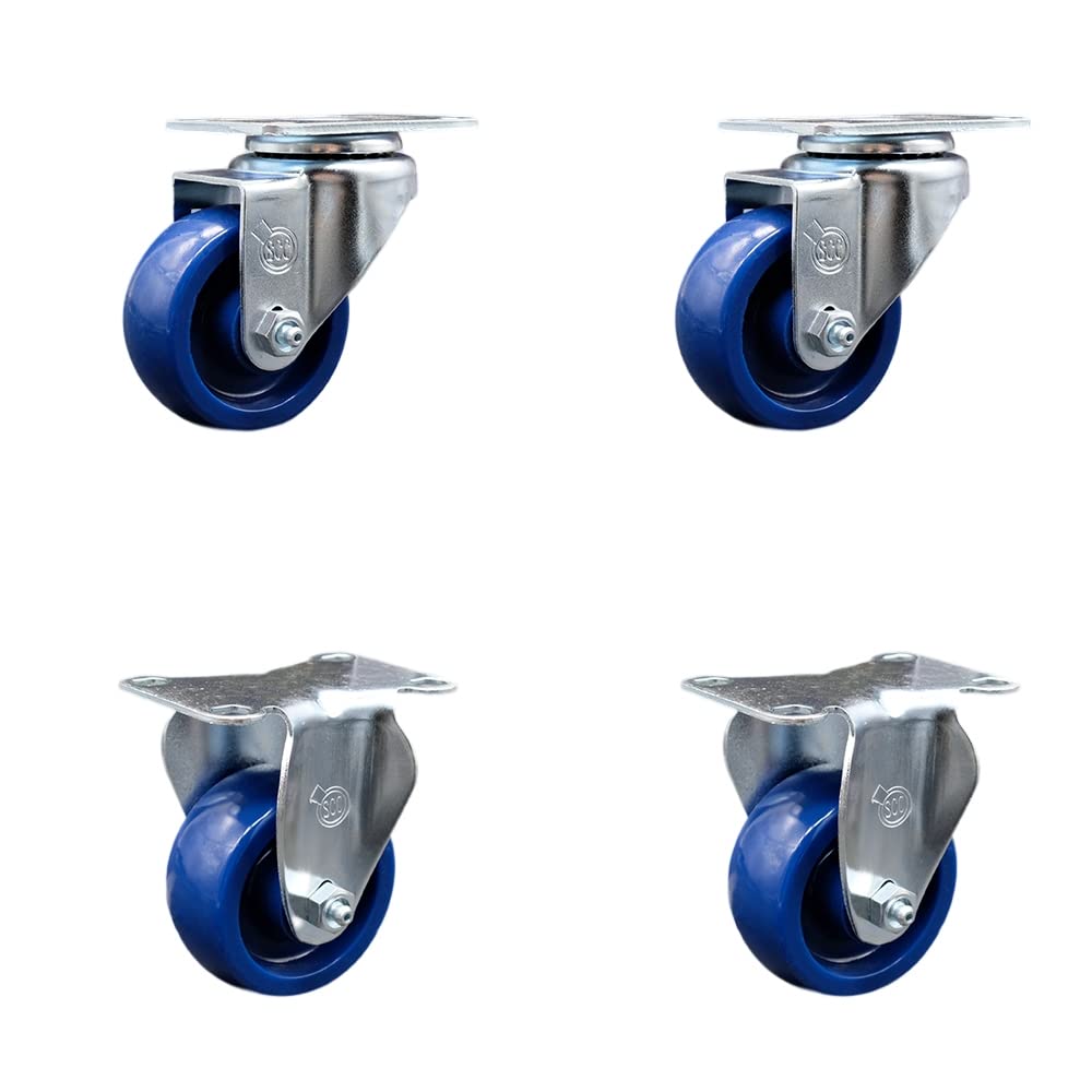 Stainless Steel Solid Polyurethane Swivel Top Plate Caster Set of 4 w/3" x 1.25" Blue Wheels - Includes 2 Swivel & 2 Rigid - 1200 lbs Total Capacity - Service Caster Brand