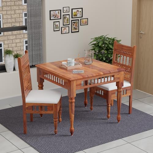 Image of Solid Sheesham Wood 2 Seater Dining Table Set for Living Room | Two Seater Dining Table with 2 Cushions Chairs for Home | Dining Room Sets for Restaurants & Kitchen | Honey Finish