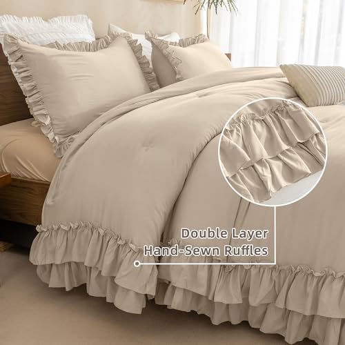 Image of Queen's House Ruffled King Size Comforter Set,Linen Feel Textured Farmhouse Lightweight Fluffy Boho Chic Bedding Comforter,Ultra Soft Microfiber Inner Fill Bedding