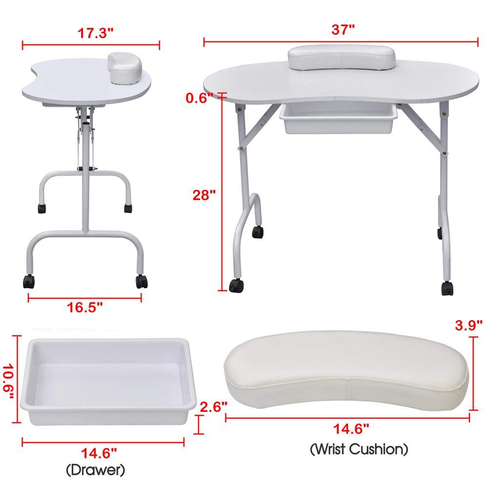 Yaheetech 37-inch Portable & Foldable Manicure Table Nail Desk Workstation for Spa Beauty Salon and Adjustable Low Back Armless Swivel Office Chair White