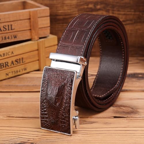 Men's Leather Stitching Belt Automatic Ratchet Buckle Slide Waist Strap Trim to Fit with Engraved Crocodile Head(110cm/43, Brown)4
