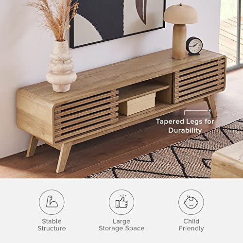 mopio Ensley 59" TV Stand with Slatted Door, Mid Century Modern Entertainment Center for 55/60/65 inch TV, Farmhouse Media Console with Storage, Adjustable Shelves, Round Edges, Living Room (Oak) - Thumbnail 5