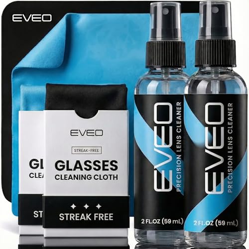 EVEO Eyeglass Cleaner Spray - Glasses Cleaner No Streaks Technology & Microfiber Cleaning Cloth - Glasses Cleaning Kit, Eye Glass Cleaners Spray Lens Cleaner - Screen & Eye Glasses Kit - 2 Pack