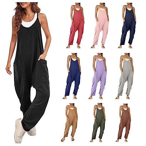 Jumpsuit For Women Casual Sleeveless Summer Rompers Stretchy Strap Long Pant Baggy Overalls With Pockets Black #TOP26