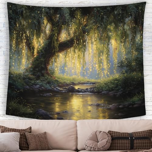 MNASAIOO Willow Tree Forest Fantasy Wall Tapestry Hanging for Bedroom, Fairy Light Woodland Banner Tapestries, Mystical Enchanted Rustic Nature Landscape Wall Decor for Living Room Cabin 50x60in