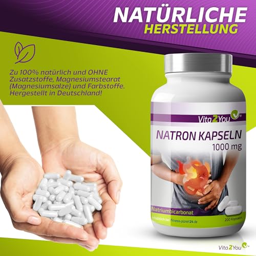 Vita2You Natron Kapseln 1000mg - 200 Kapseln - Natriumbicarbonat - Übersäuerung - Natriumhydrogencarbonat - Premium Qualität