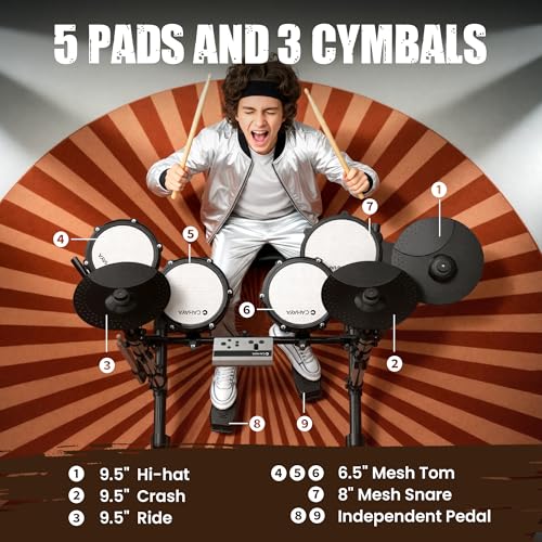 CAHAYA Elektronisches Schlagzeug für Anfänger – Tragbares E-Drum Set mit 150 Sounds, 15 Drumkits, 2 Pedalen, 2 Drumsticks, Kopfhörer, Hocker, USB/MIDI-Kompatibilität für Kinder & Erwachsene