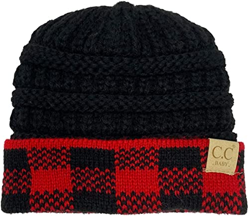 Beanie Infant Baby Skull Cap Hat (No Pom) - Buffalo Check - Black/Red #TOP1