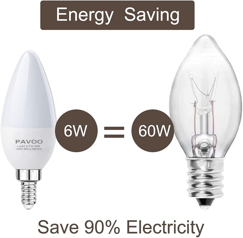 E12 Candelabra Bulb 60 Watt Equivalent, Daylight White 6000K, 6W LED Chandelier Light Bulbs, 600 Lumens Ceiling Fan Light Bulbs, Pack of 6