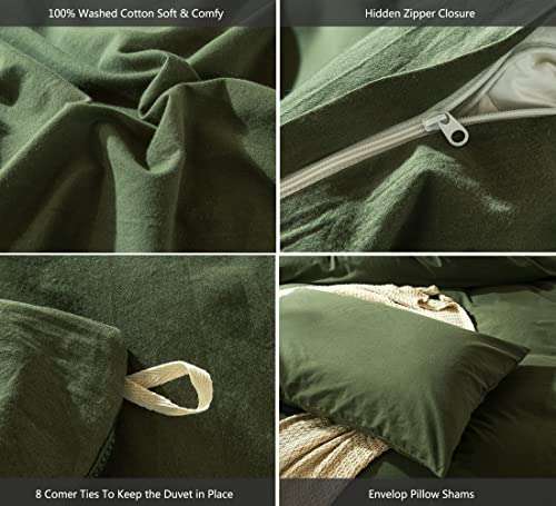 MooMee Bedding Duvet Cover Set 100% Washed Cotton Linen Like Textured Breathable Durable Soft Comfy (Olive Green, King)