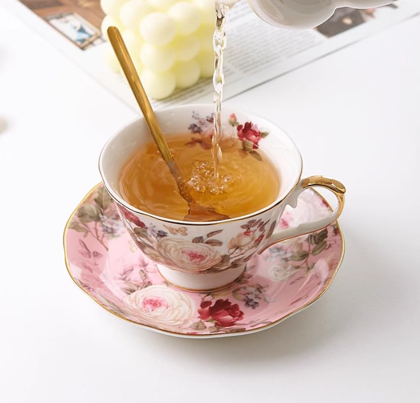 Set di tazze e piattini da caffè e tè in ceramica con fiori di rosa rosa set di tazze da caffè e piattini in ceramica piatto per tazza da latte e succo regalo di compleanno per ufficio e casa