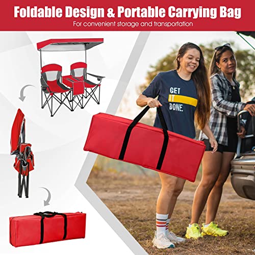 Dortala Double Camping Chair With Canopy, 2 Person Folding Beach Chair With Canopy Shade, Table Beverage Holder And Storage Bag, Double Rocker Chair Outdoor For Camping, Beach, Picnic, Red #TOP3