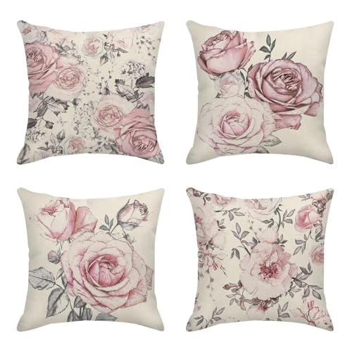 Sanwarm Throw Pillow Covers Home Decor Set of 4 Pink Flower Rose 18 x 18 Inch Outdoor Cushion Couch Sofa Cushion Covers