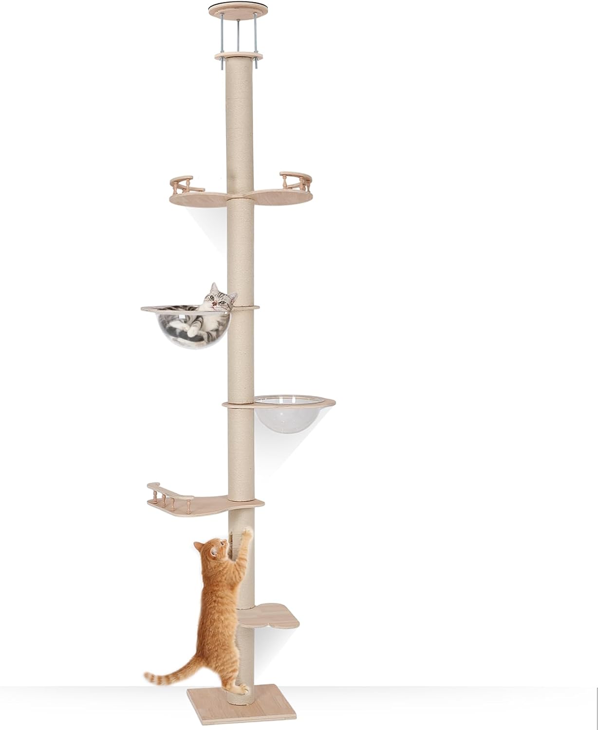 FANKNS Floor to Ceiling Cat Tree Height (110-118 inches), 5-Tier Adjustable, Three-Bolt Stabilized Cat Tower with 6 Thickened Scratching Posts, Cat Activity Center Includes Transparent Capsule House