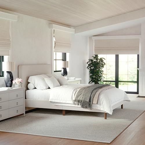 Image of Martha Stewart Britta Platform Bed with Headboard & Footboard, Faux Linen Upholstery with Piping Detail, Rounded Headboard, No Box Spring Needed, Full, Beige