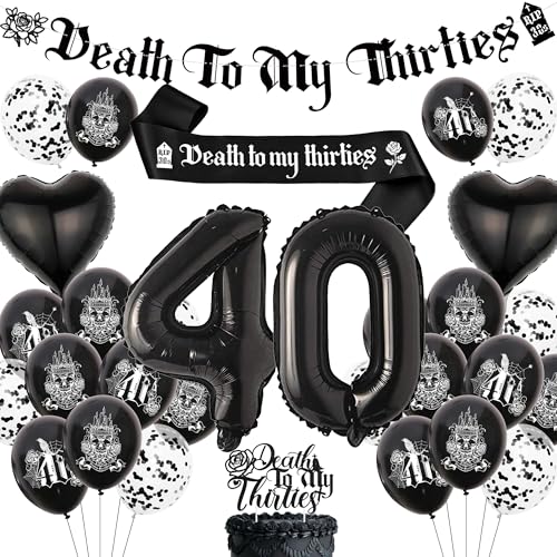 Death to My 30s Birthday Decorations - Gothic Cake Topper Glitter Banner Number 40 Balloons Sash Funny Rip 30s Party Supplies for Women and Men 40th Birthday