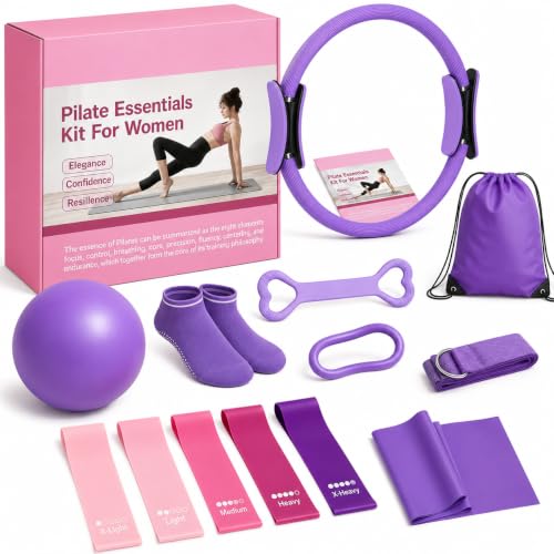Purecas Home Pilates & Yoga Starter Kit for Women & Beginners | 9 Inch Exercise Ball Resistance Bands Pilates Ring Ankle Straps | Essential Equipment Set for Core Workouts Stretching
