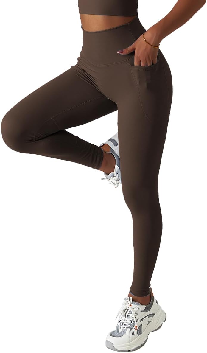 Workout Leggings for Women Yoga Pants with Pockets High Waisted Athletic Tights SilkyGym Activewear Lounge Brown - Image 4
