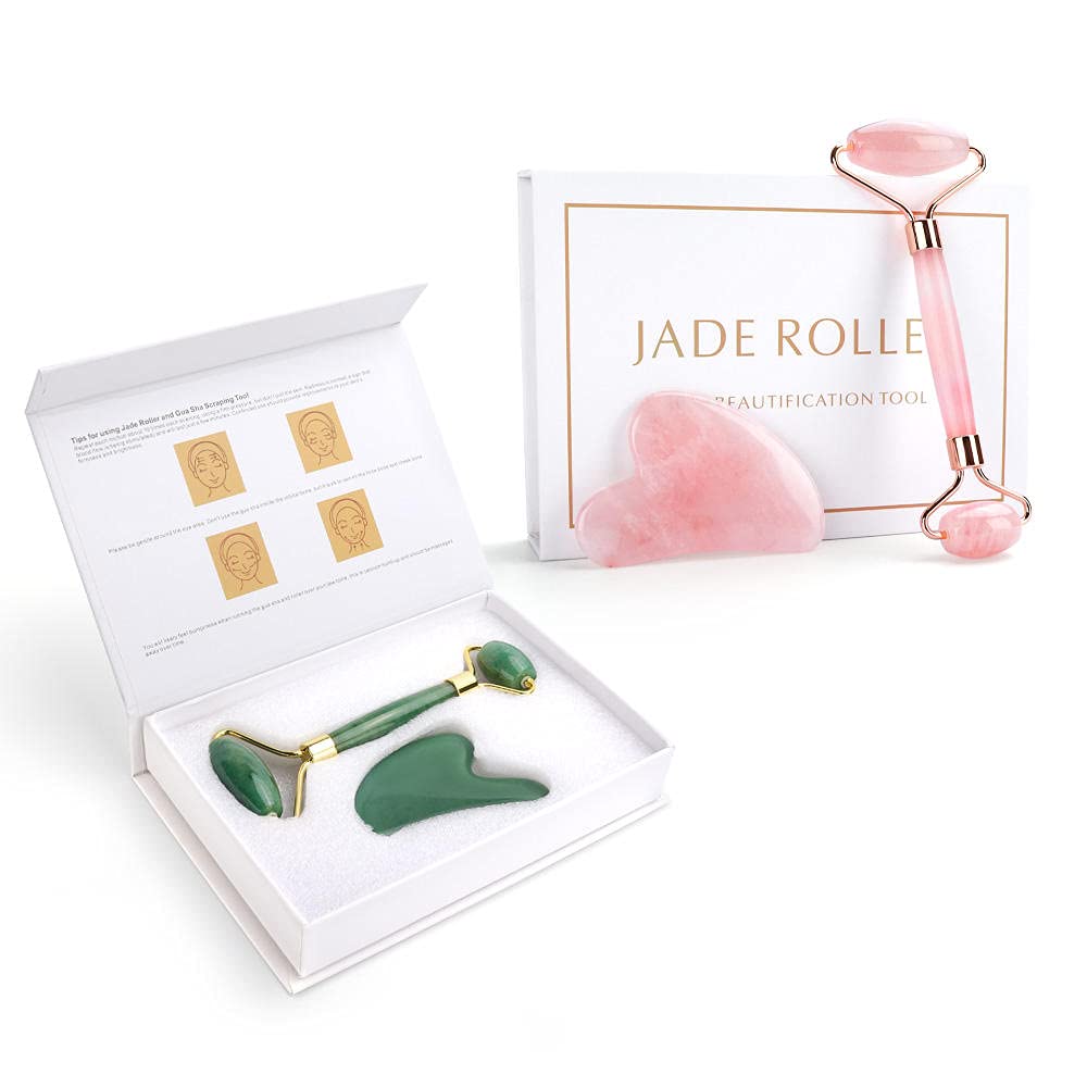 Strumento di sollevamento del viso Massaggiatore di quarzo rosa rullo di quarzo dimagrante Naturale Giada Facciale Massaggio di massaggio-H Green Set con scatola_CINA