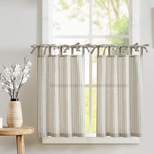 jinchan Tie Top Linen Kitchen Curtains 36 Inch Length Striped Tier Curtains Ticking Stripe Small Drapes for Living Room Bathroom Cafe Small Window Farmhouse Rustic Rod Pocket 2 Panels Taupe Grey