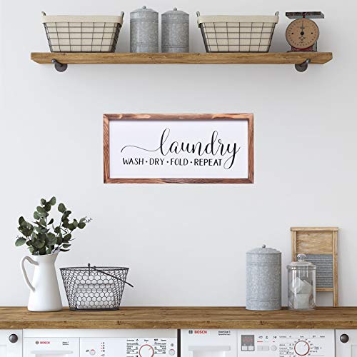 House Laundry Room Decor - Modern Rustic Wall Art Home Decor - Laundry Wash, Dry, Fold, Repeat - Cute And Funny Solid Wood Framed Printed Sign - Clear And Easy To Read - Size 8X17 Inches #TOP1