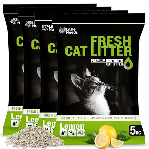 Image of Premium Bentonite Cat Litter Sand - 20kg | (5kg x 4 Packs) with Lemon Fragrance | Low-Dust, Strong Odour Control, Instant Clumping Litter for Cats & Kittens