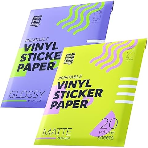 Premium Printable Vinyl Sticker Paper for Inkjet Printer and Laser - 20 White Matte and 20 Glossy Sticker Paper Waterproof - Durability Adhesive Paper 8.5 x 11, Great for Cutting Machines Cover