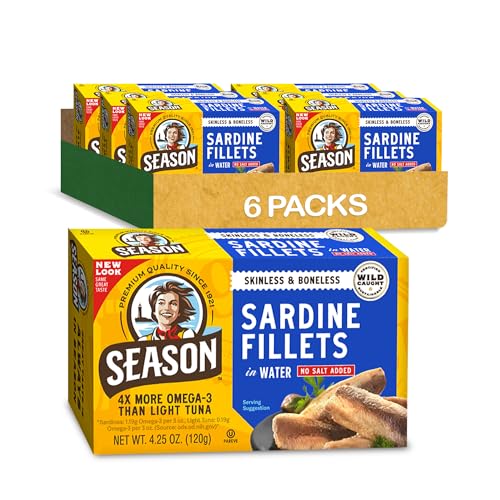 Season Sardines in Water - Skinless & Boneless, No Salt Added, Wild Caught, 22g of Protein, Keto Snacks, More Omega 3's Than Tuna, Kosher, High in Calcium, Canned Sardines - 4.25 Oz Tins, 6-Pack