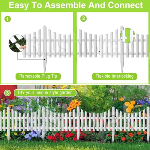 Image of Rushwak Garden Fence Outdoor (2 Panels - 2.5ft Total Running Length) Fence for Garden Fencing Plastic PVC Durable Easy Installation Decorative Picket Fence Border Edging for Lawn Pathway & Flower Beds