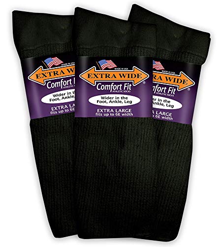 Extra Wide Athletic 3 Pack Black Crew Socks for Men. Size 2X fits Shoe Sizes 16.5-21 Up to 6E Width. Made in USA. Style #7251