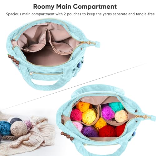 Image of MYBAGZING Corduroy Crochet Bag 11.5 inch Large Yarn Storage Tote with Grommets, Needle Holders - Knitting Bag Organizer for Crochet Hooks, Accessories, Tools & Projects -Gift for Knitters & Crafters